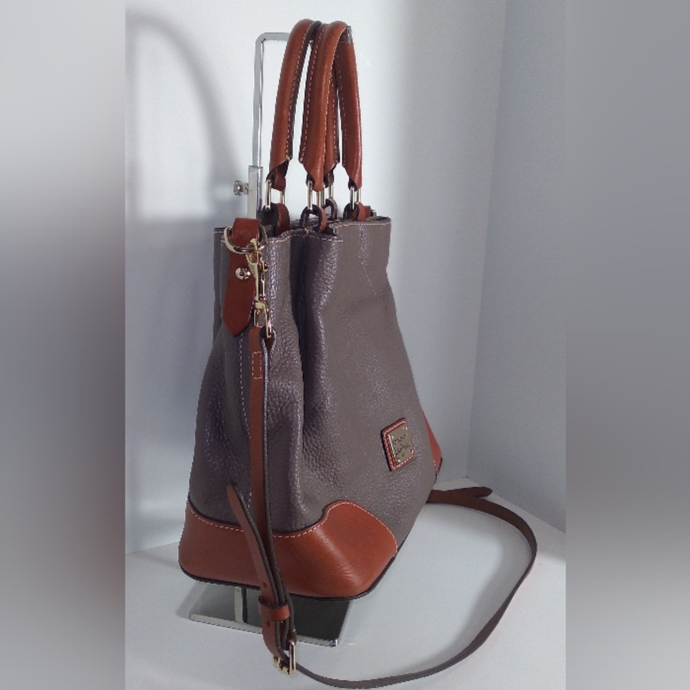 Authentic Dooney & Bourke Brenna Pebble Grain Grey & Brown Leather  Satchel - Picture 14 of 16